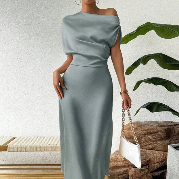 Asymmetrical Neckline Elegant Satin Dress - Picture 2 of 6